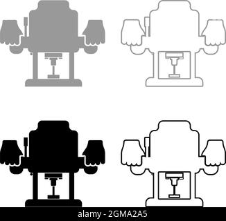 Routeur à base fixe fraise à bois électrique outil électrique outil électrique à main outil électrique utilisation bras à l'aide du jeu d'instruments icône gris noir vecteur de couleur Illustration de Vecteur