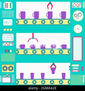 Usine de tasses colorées et mignonnes avec machines, convoyeur et pince. Conception plate. Illustration de Vecteur