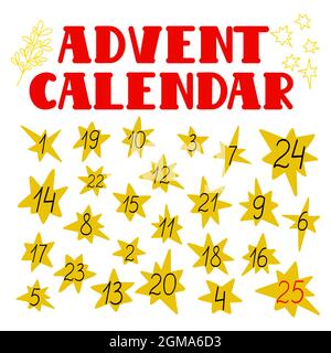 Calendrier de l'Avent de Noël avec des dates sur les étoiles, les vacances d'hiver compte à rebours tradition saisonnière, numéros de jour dans l'ordre aléatoire Illustration de Vecteur