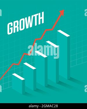 Illustration graphique d'entreprise montrant la croissance. Illustration vectorielle d'un graphique à barres tridimensionnel avec des ombres et une flèche indiquant une croissance continue. Illustration de Vecteur
