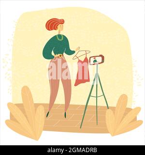 Mode blogueur de tir vlog. Styliste enregistre la vidéo. Création de contenu indésirable. Illustration moderne colorée pour les médias sociaux, les magazines, les publications Illustration de Vecteur