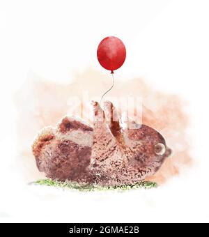 Mignon petit ours cub est couché dans un clair et tenant un ballon rouge, aquarelle illustration Illustration de Vecteur