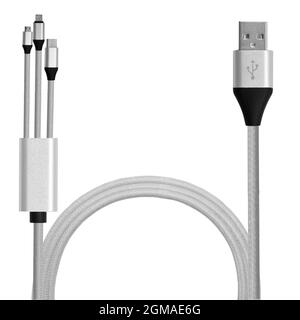 Câble USB avec trois extrémités différentes pour charger un téléphone portable isolé sur fond blanc. Chargez les différents types d'appareils à l'aide d'un seul câble. Banque D'Images