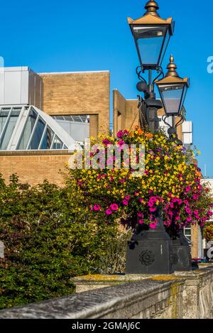 Lampes et paniers à fleurs suspendus sur le pont de Kingston, Kingston-upon-Thames, Surrey, Angleterre, Royaume-Uni Banque D'Images