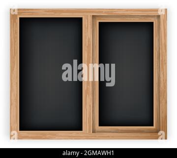 Gabarit de maquette de fenêtre en bois à double vitrage. Fenêtre réaliste avec cadre en bois. Cadre de pare-brise et panneau sombre pour un design intérieur extérieur. Illustration de Vecteur