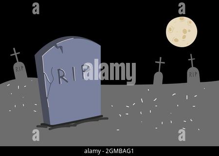 Dessin de pierre tombale dans un cimetière au clair de lune. Illustration du cimetière de nuit. Monument gris sur la tombe de RIP. Bannière eps de vecteur tombstone dessinée à la main Illustration de Vecteur