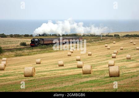 Sheringham, Royaume-Uni. 16 septembre 2021. Le train à vapeur Royal Norfolk Regiment 90775 se rend à Holt sur le chemin de fer North Norfolk, près de Sheringham, Norfolk, Royaume-Uni, le 16 septembre, 2021, avant le week-end des années 1940. Crédit : Paul Marriott/Alay Live News Banque D'Images