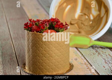 Gros plan du gâteau, enveloppé dans une couche texturée de chocolat au caramel salé. Dans le bol inférieur avec le caramel fondu. Banque D'Images