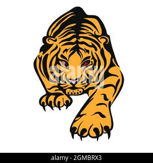 Illustration d'un tigre ou d'un chat sauvage avec d'énormes griffes et fangs. Un prédateur assoiffé de sang avant de chasser une victime. Une idée pour un tatouage. Un parent Banque D'Images