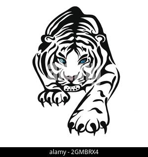 Illustration d'un tigre ou d'un chat sauvage avec d'énormes griffes et fangs. Un prédateur assoiffé de sang avant de chasser une victime. Une idée pour un tatouage. Un parent Banque D'Images
