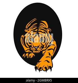 Illustration d'un tigre ou d'un chat sauvage avec d'énormes griffes et fangs. Un prédateur assoiffé de sang avant de chasser une victime. Une idée pour un tatouage. Un parent Banque D'Images