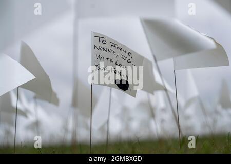 Washington, États-Unis. 17 septembre 2021. Des drapeaux blancs sont visibles sur le National Mall à Washington, DC, aux États-Unis, le 17 septembre 2021. Plus de 660,000 drapeaux blancs ont été installés ici pour honorer la vie perdue à COVID-19 aux États-Unis. Credit: Liu Jie/Xinhua/Alay Live News Banque D'Images