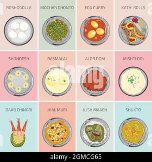 Graphiques vectoriels alimentaires indiens. Alimentation bengali. Plat principal petit-déjeuner déjeuner déjeuner et dîner repas en Inde. Roshogolla oeuf curry kathi rouleaux shondesh rasmalai a Illustration de Vecteur