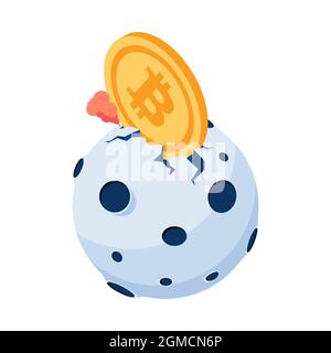 Le Bitcoin isométrique 3d plat se bloque sur la Lune. Le prix du Bitcoin augmente jusqu'à tous les temps le concept d'ATH élevé et le concept d'investissement de crypto-monnaie. Illustration de Vecteur