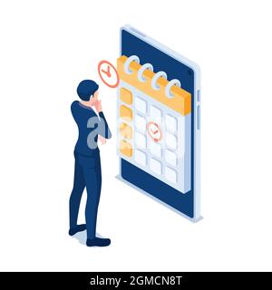 Flat 3d Isométrique homme d'affaires vérifiant des rendez-vous professionnels dans l'application Calendrier sur smartphone. Concept de rendez-vous professionnels. Illustration de Vecteur