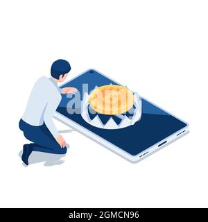 Homme d'affaires Isométrique 3D plat essayant d'attraper Bitcoin au-dessus du piège. Concept de risque d'investissement en crypto-monnaie ou en Bitcoin. Illustration de Vecteur
