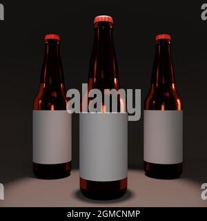 Bouteilles de bière dans l'obscurité. Créer une scène. Illustration du rendu 3D. Banque D'Images