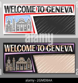 Mises en page vectorielles pour Genève avec espace de copie, bon décoratif avec illustration du paysage de la ville de genève sur fond de ciel de jour et de crépuscule, art desig Illustration de Vecteur
