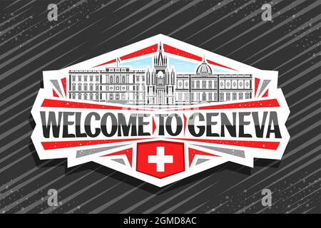 Logo Vector pour Genève, badge décoratif blanc avec illustration du paysage de la ville de genève sur fond ciel de jour, aimant de réfrigérateur design artistique avec Uni Illustration de Vecteur