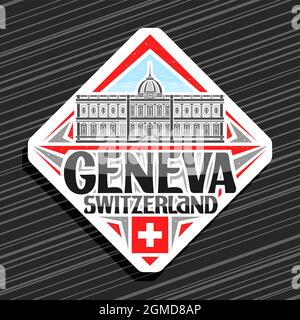 Logo Vector pour Genève, panneau blanc sur la route du losange avec illustration du musée ariana sur fond ciel de jour, aimant décoratif pour réfrigérateur avec unique Illustration de Vecteur