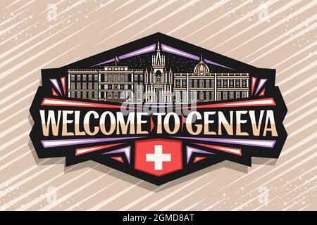 Logo Vector pour Genève, badge décoratif noir avec illustration du paysage urbain européen de genève sur fond ciel crépuscule, réfrigérateur magne design artistique Illustration de Vecteur