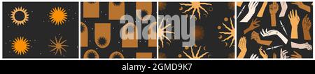 Dessin à la main vecteur résumé plat graphique illustration collection de motifs sans couture ensemble avec astrologie magique Astro phases de lune d'or céleste, soleil et Illustration de Vecteur
