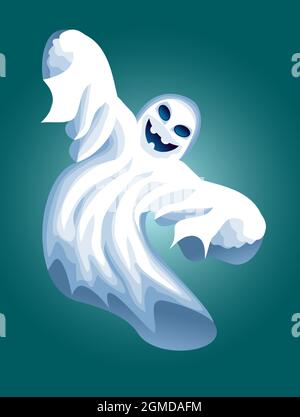 Dessin animé volant fantôme sur un fond vert-bleu. Personnage mystique pour les fêtes d'Halloween. Illustration de Vecteur