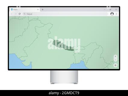 Moniteur d'ordinateur avec carte du Népal dans le navigateur, recherchez le pays du Népal sur le programme de cartographie web. Modèle vectoriel. Illustration de Vecteur