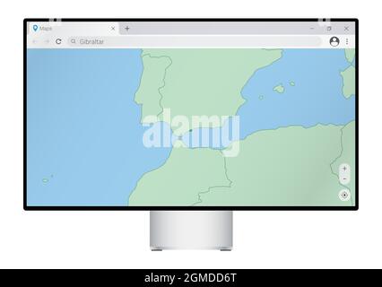 Moniteur d'ordinateur avec carte de Gibraltar dans le navigateur, recherchez le pays de Gibraltar sur le programme de cartographie web. Modèle vectoriel. Illustration de Vecteur