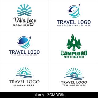 Un ensemble avion de voyage camping bonfire vacances logo de famille Illustration de Vecteur
