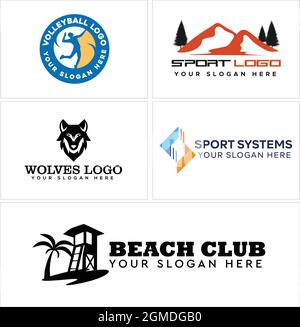 Un ensemble de sport Volleyball montagne loup plage logo Illustration de Vecteur