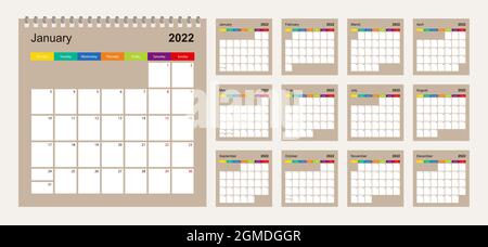 Calendrier 2022 design coloré, ensemble de 12 pages de calendrier de plan mural vectoriel sur fond beige. La semaine commence le lundi. Modèle de calendrier vectoriel. Illustration de Vecteur