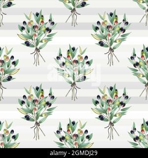 Motif olives sans couture. Branches d'olive avec olives. Nourriture Veagn. Motif sans couture pour des arrière-plans simples Banque D'Images