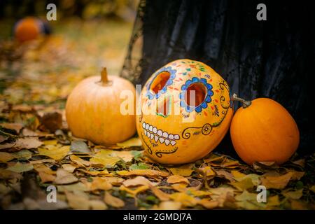 Trois citrouilles décorées pour Halloween se trouvent sur le feuillage jaune. Historique de la vente d'Halloween. Banque D'Images
