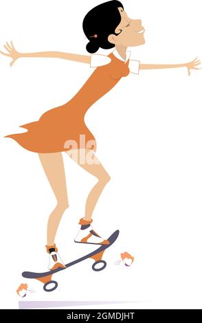 Femme souriante une illustration isolée de skateboarder. Dessin animé jeune femme skatting. Idée de style de vie actif. Illustration de Vecteur