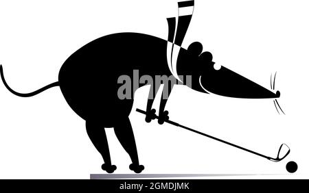 Dessin animé rat ou souris joue l'illustration de golf. Drôles de rat ou de souris essaie de faire un bon coup de pied noir sur blanc Illustration de Vecteur