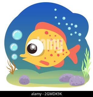 Poisson jaune tropical. Petit paysage. La vie sous-marine. Animaux sauvages. Océan, mer. Eau d'été. Isolé sur fond blanc. Illustration en dessin animé Illustration de Vecteur