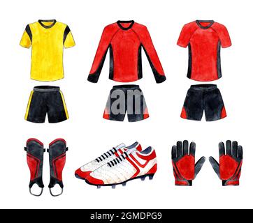 Ensemble d'illustrations aquarelles des uniformes de football en rouge et jaune avec du noir. Un ensemble de t-shirts et shorts de sport, de gants et de bottes pour l'entraînement d'un Banque D'Images