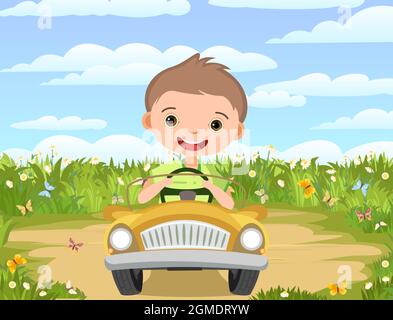 Aventure pour enfants en petite voiture. Glade de sable sur la prairie. Un enfant conduit une voiture à pédales ou électrique. Illustration de dessin animé. Paysage rural d'été Illustration de Vecteur