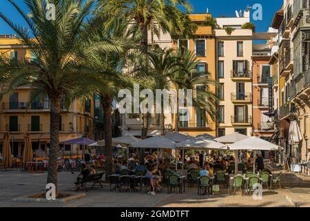 Palma de Majorque, Espagne; septembre 10 2021: Plaza de la Lonja dans le centre historique de Palma de Majorque au coucher du soleil en été. Touristes ayant une dr Banque D'Images