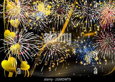 Feux d'artifice abstrait fond noir or argent rouge bleu orange jaune Banque D'Images