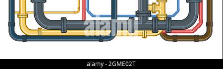 Raccords d'eau. Pipeline à diverses fins. Différentes couleurs de tuyaux en métal et en plastique. Illustration isolée sur le vecteur d'arrière-plan. Illustration de Vecteur