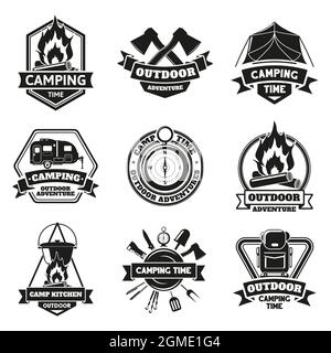 Camping extérieur emblèmes. Tourisme randonnée vintage aventure extérieure étiquettes isolées vecteur illustration ensemble. Badges d'équipement de camping extérieur Illustration de Vecteur
