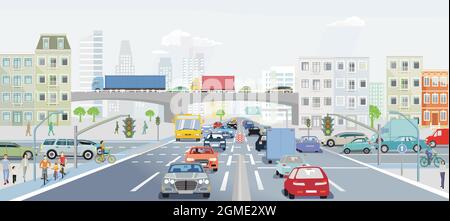 Silhouette de ville avec intersection dans une ville et personnes sur le trottoir, illustration Illustration de Vecteur