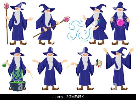 Magicien de conte de fées de dessin animé, personnage magicien. Jeu d'illustrations vectorielles de héros de conte de fées, sorcellerie, ancien magicien. Assistant mystère Illustration de Vecteur