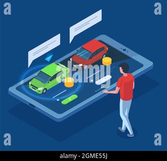 Berline isométrique voiture louer, acheter, carshing 3d concept. Sélection de voiture en ligne, location de voiture, vente, jeu d'illustrations vectorielles de partage de voiture. Voiture en ligne Illustration de Vecteur