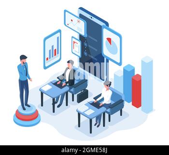 Concept d'analyse des données isométriques des personnes et des graphiques. Illustration de vecteur d'analyse statistique financière, de calcul ou d'audit budgétaire. Analyse des données Illustration de Vecteur