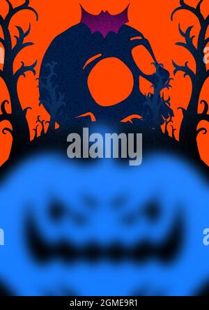 Affiche lumineuse de crâne vintage et de chats noirs dans un style vintage. Modèle de circulaire Happy Halloween avec tête de mort transparente et affiche de citrouille sur différents modèles Banque D'Images