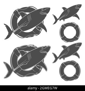 Ensemble d'illustrations noir et blanc requin dans la ligne de vie. Objets vectoriels isolés sur fond blanc. Illustration de Vecteur