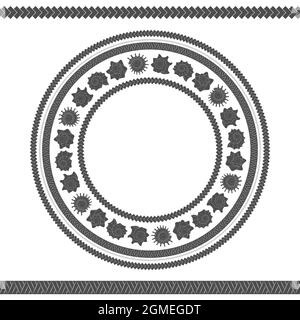 Motif sans couture avec coques et motifs polynésiens. Illustration circulaire noire et blanche vectorielle. Illustration de Vecteur